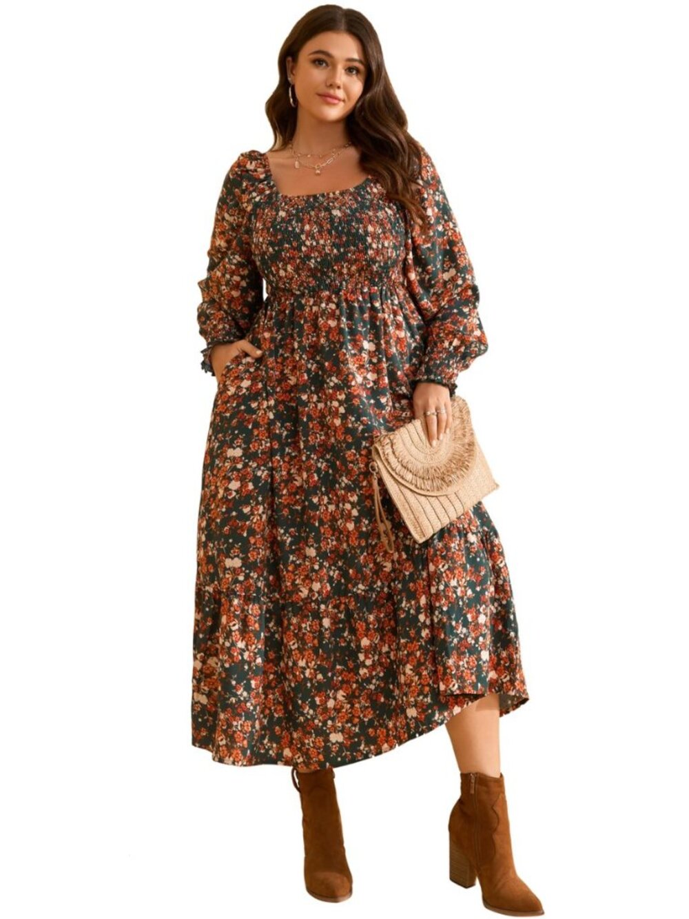 Women Plus Size Fall Dresses Long Sleeve Smocked Boho Floral Maxi Dress